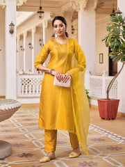 YELLOW COLOURED WOMEN'S RAYON SILK KURTA WITH DUPATTA SET