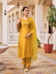 YELLOW COLOURED WOMEN'S RAYON SILK KURTA WITH DUPATTA SET