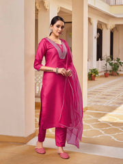 PINK COLOURED WOMEN'S RAYON SILK KURTA WITH DUPATTA SET