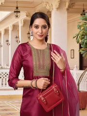 MAROON COLOURED WOMEN'S RAYON SILK KURTA WITH DUPATTA SET
