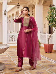 MAROON COLOURED WOMEN'S RAYON SILK KURTA WITH DUPATTA SET