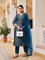 RAMA COLOURED WOMEN'S RAYON SILK KURTA WITH DUPATTA SET