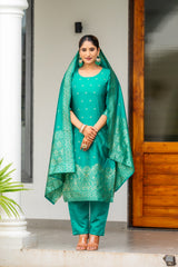 DARK GREEN COLOURED WOMEN'S POLYSTER KURTA WITH DUPATTA SET