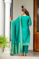 DARK GREEN COLOURED WOMEN'S POLYSTER KURTA WITH DUPATTA SET