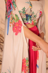 Crimson Bloom Indo-Western Drape Set with Embroidered Cape