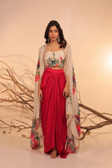 Crimson Bloom Indo-Western Drape Set with Embroidered Cape