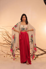 Crimson Bloom Indo-Western Drape Set with Embroidered Cape
