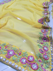 Yellow Georgette Mirror Embroidery Work Lehenga Choli