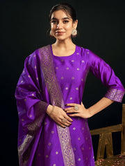Violet & Gold Silk Blend Jacquard Woven Kurta Set with Trousers & Dupatta | Elegant Indian Ethnic Wear for Women Malaysia
