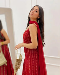 UNIQUE MAROON COLORED PARTYWEAR EMBROIDERY AND SEQUENCE WORKED