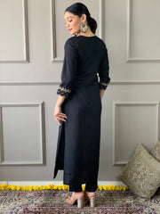 BLACK COLOURED WOMEN'S VISCOSE CHANDERI EMBROIDERED KURTA WITH PANT DUPATTA SET