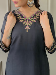 BLACK COLOURED WOMEN'S VISCOSE CHANDERI EMBROIDERED KURTA WITH PANT DUPATTA SET
