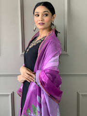 BLACK COLOURED WOMEN'S VISCOSE CHANDERI EMBROIDERED KURTA WITH PANT DUPATTA SET