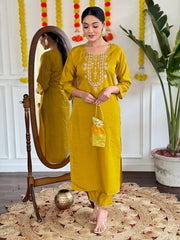YELLOW COLOURED WOMEN'S VISCOSE CHANDERI EMBROIDERED KURTA WITH PANT DUPATTA SET