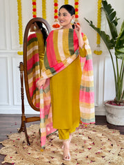 YELLOW COLOURED WOMEN'S VISCOSE CHANDERI EMBROIDERED KURTA WITH PANT DUPATTA SET