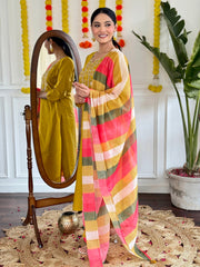 YELLOW COLOURED WOMEN'S VISCOSE CHANDERI EMBROIDERED KURTA WITH PANT DUPATTA SET