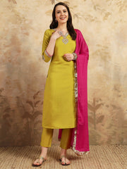 YELLOW COLOURED WOMEN'S VISCOSE CHANDERI EMBROIDERED KURTA WITH PANT DUPATTA SET