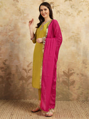 YELLOW COLOURED WOMEN'S VISCOSE CHANDERI EMBROIDERED KURTA WITH PANT DUPATTA SET