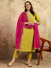 YELLOW COLOURED WOMEN'S VISCOSE CHANDERI EMBROIDERED KURTA WITH PANT DUPATTA SET