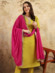 YELLOW COLOURED WOMEN'S VISCOSE CHANDERI EMBROIDERED KURTA WITH PANT DUPATTA SET