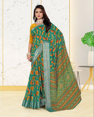 Jacquard Contrast Piping Border Cotton saree with blouse for women