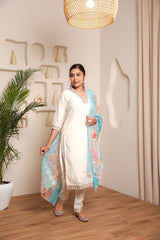 WHITE COLOURED WOMEN'S VISCOSE CHANDERI EMBROIDERED KURTA WITH PANT DUPATTA SET
