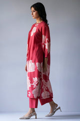 Cranberry Red Bemberg Silk Printed Kurta with Cotton Satin Pants | Women’s Ethnic Co-ord Set Malaysia | Festive & Party Wear