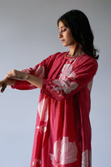 Cranberry Red Bemberg Silk Printed Kurta with Cotton Satin Pants | Women’s Ethnic Co-ord Set Malaysia | Festive & Party Wear