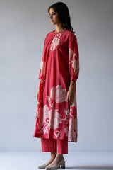 Cranberry Red Bemberg Silk Printed Kurta with Cotton Satin Pants | Women’s Ethnic Co-ord Set Malaysia | Festive & Party Wear
