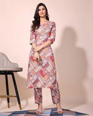Stylish Slub Cotton Printed Kurta Set with Matching Trouser & Crape Dupatta | Everyday & Office Wear Suit Malaysia