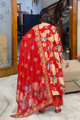 RED COLOURED WOMEN'S CHANDERI COTTON KURTA WITH PANT DUPATTA SET