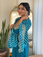 BLUE COLOURED WOMEN'S REYON EMBROIDERED KURTA WITH PANT DUPATTA SET