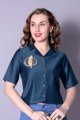 Women’s Navy Blue Solid Cotton Crop Shirt with Leaf Embroidery – Stylish Viscose Rayon Short Sleeve Top | Casual & Office Wear Malaysia 2025