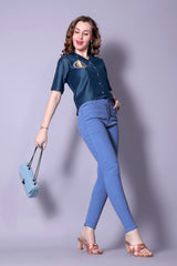 Women’s Navy Blue Solid Cotton Crop Shirt with Leaf Embroidery – Stylish Viscose Rayon Short Sleeve Top | Casual & Office Wear Malaysia 2025