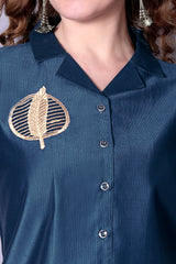 Women’s Navy Blue Solid Cotton Crop Shirt with Leaf Embroidery – Stylish Viscose Rayon Short Sleeve Top | Casual & Office Wear Malaysia 2025