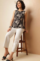 C17 Trendy Women Floral Printed Cotton Silk Top – Sleeveless Black Casual Wear | Stylish Boat Neck Regular Fit | Summer Fashion Malaysia 2025