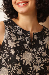 C17 Trendy Women Floral Printed Cotton Silk Top – Sleeveless Black Casual Wear | Stylish Boat Neck Regular Fit | Summer Fashion Malaysia 2025