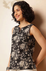 C17 Trendy Women Floral Printed Cotton Silk Top – Sleeveless Black Casual Wear | Stylish Boat Neck Regular Fit | Summer Fashion Malaysia 2025