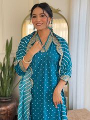 BLUE COLOURED WOMEN'S REYON EMBROIDERED KURTA WITH PANT DUPATTA SET