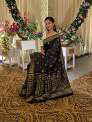 THE BANARASI SOFT SILK SAREE MADE UP OF SILK THREADS WOVEN USING
