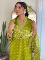 PISTA COLOURED WOMEN'S REYON EMBROIDERED KURTA WITH PANT DUPATTA SET