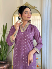 PURPLE COLOURED WOMEN'S REYON EMBROIDERED KURTA WITH PANT DUPATTA SET