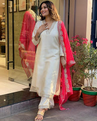 WHITE COLOURED WOMEN EMBROIDERY WORK KURTA SET