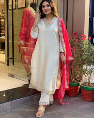 WHITE COLOURED WOMEN EMBROIDERY WORK KURTA SET