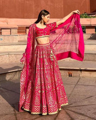 Pink Malai satin zari embroidery Lehenga choli