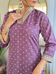 PURPLE COLOURED WOMEN'S REYON EMBROIDERED KURTA WITH PANT DUPATTA SET