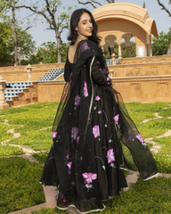 trendy bLACK Coloured Flaired Kurta With Bottom And Beautifull Dupatta Set