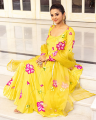 trendy Yellow Coloured Flaired Kurta With Bottom And Beautifull Dupatta Set