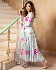 trendy sky Coloured Flaired Kurta With Bottom And Beautifull Dupatta Set