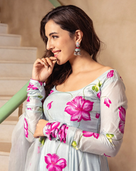 trendy sky Coloured Flaired Kurta With Bottom And Beautifull Dupatta Set